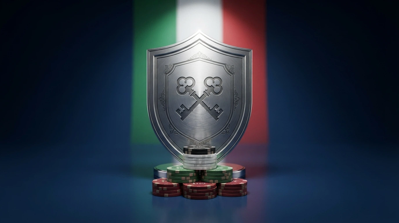 Il logo ufficiale ADM accanto a uno scudo che protegge una pila di fiches, con la bandiera italiana sullo sfondo