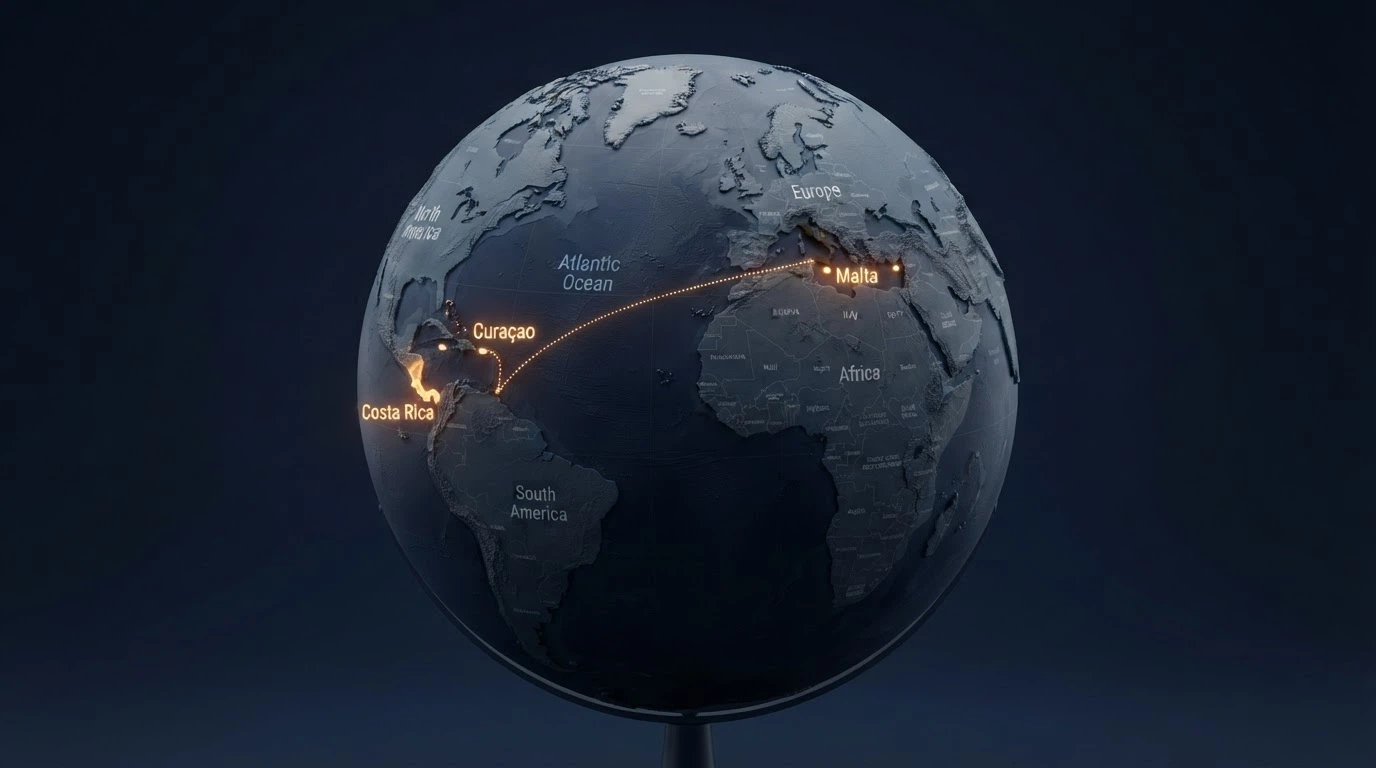 Mappa con i territori delle principali giurisdizioni internazionali: Curaçao, Malta e Costa Rica