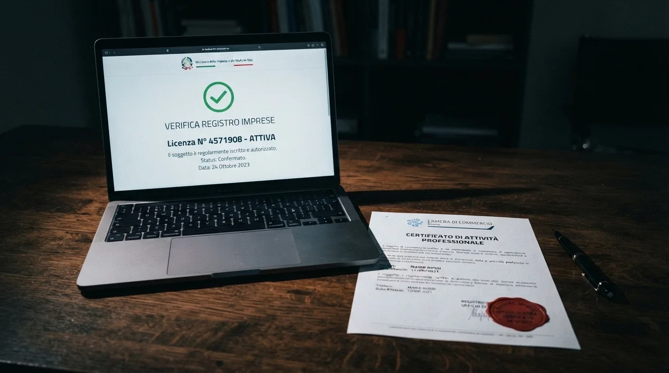 Primo piano di un certificato di licenza Curaçao parzialmente coperto da un timbro rosso con la scritta «non equivale a concessione ADM», su sfondo scuro