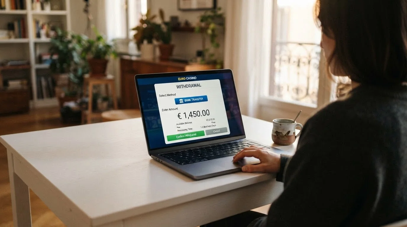 Interfaccia di un casinò online che mostra la sezione prelievi con l'opzione bonifico bancario selezionata e i dettagli di una transazione in uscita