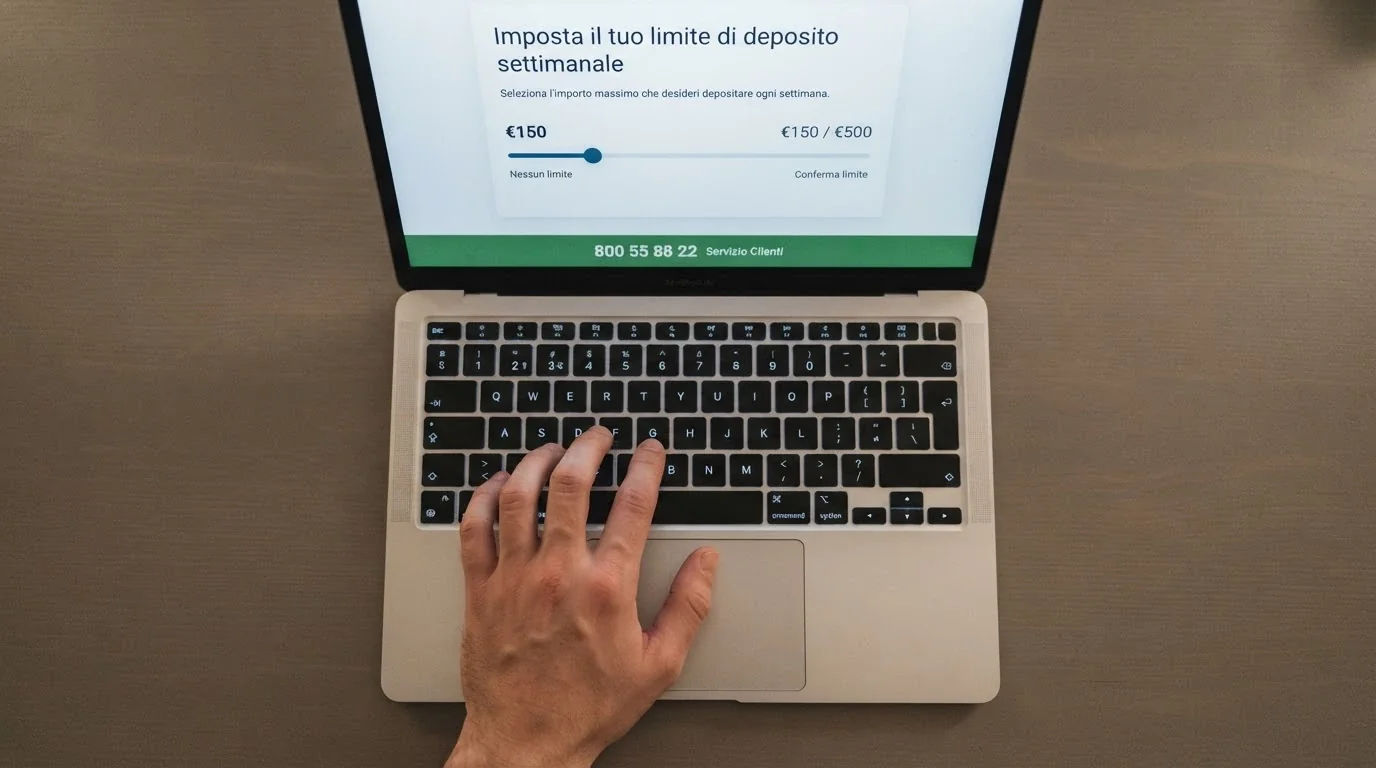 Due mani appoggiate su una tastiera, con sullo schermo la schermata «Imposta il tuo limite di deposito settimanale» di un casinò ADM, e in basso il numero verde 800 55 88 22.