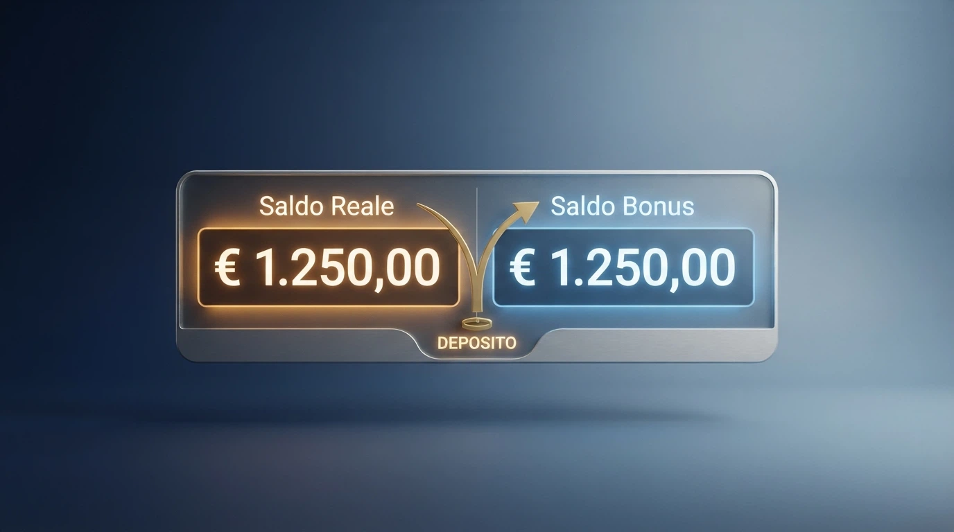 Un contatore digitale diviso in due colonne — «Saldo Reale» a sinistra e «Saldo Bonus» a destra — con una freccia che dal deposito iniziale genera l'importo doppio vincolato