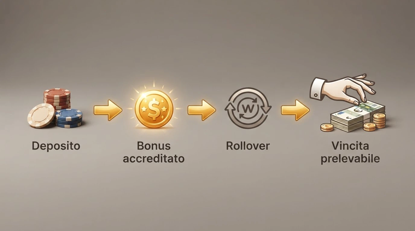 Diagramma a flusso che illustra il percorso dal deposito al prelievo: deposito → bonus accreditato → rollover → vincita prelevabile