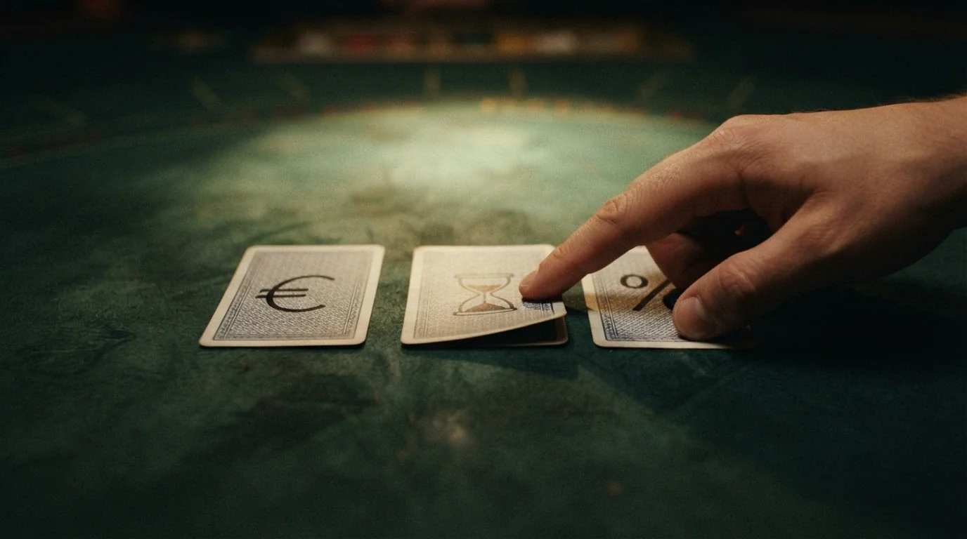 Tre carte da gioco capovolte con sopra i simboli di un bonus, un orologio e una calcolatrice, allineate su un tavolo da gioco