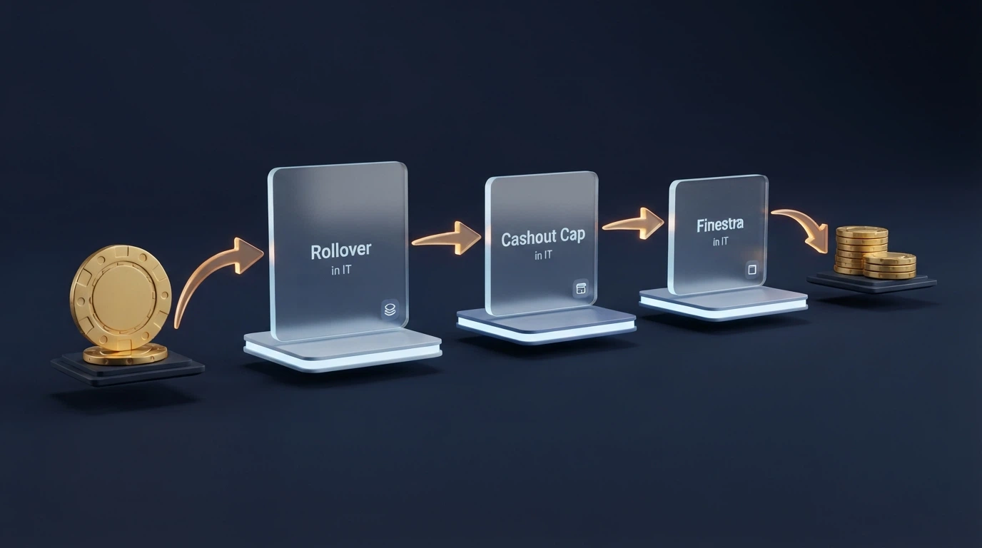 Un diagramma stilizzato su sfondo scuro che mostra il percorso dal bonus iniziale di 100€ attraverso rollover, cashout cap e finestra di validità fino al prelievo finale