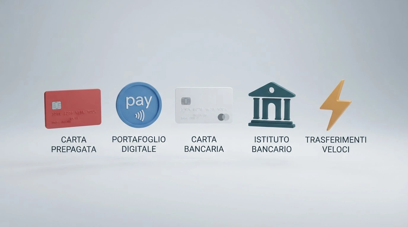 Icone dei metodi di pagamento accettati dai casinò ADM: PostePay, PayPal, Visa, Mastercard, bonifico, Skrill