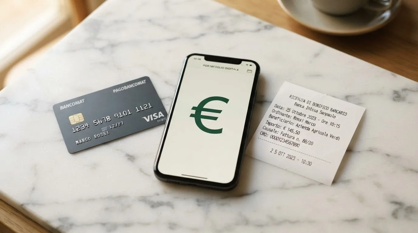Una carta di credito, uno smartphone con PayPal aperto e una ricevuta di bonifico SEPA disposti a ventaglio