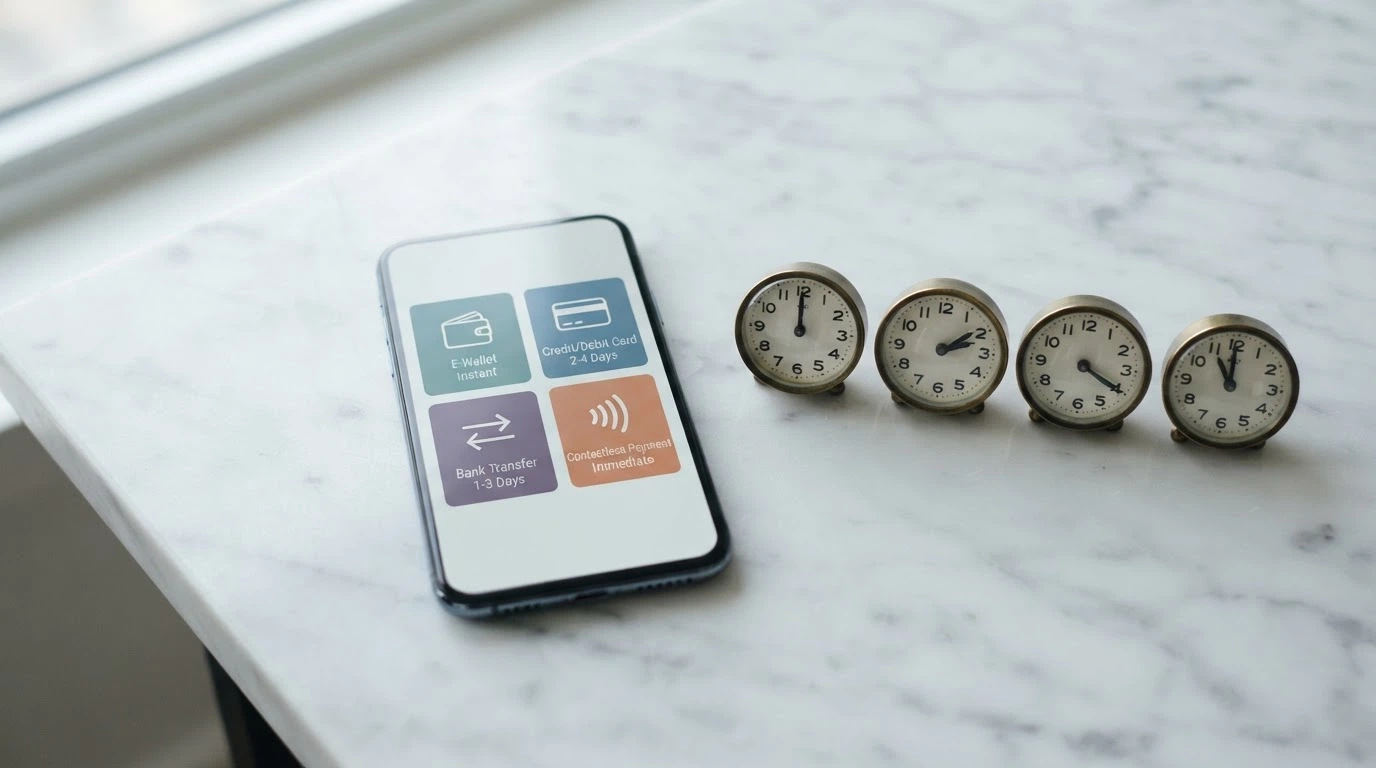 Smartphone con le icone di PayPal, Apple Pay, carta di credito e bonifico bancario sullo schermo, affiancate da orologi con tempi diversi
