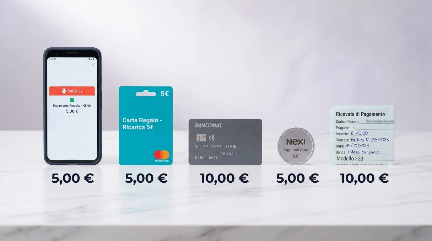 Una selezione di icone di metodi di pagamento — PayPal, Postepay, Skrill, Paysafecard, Visa — con l'importo minimo riportato sotto ciascuna