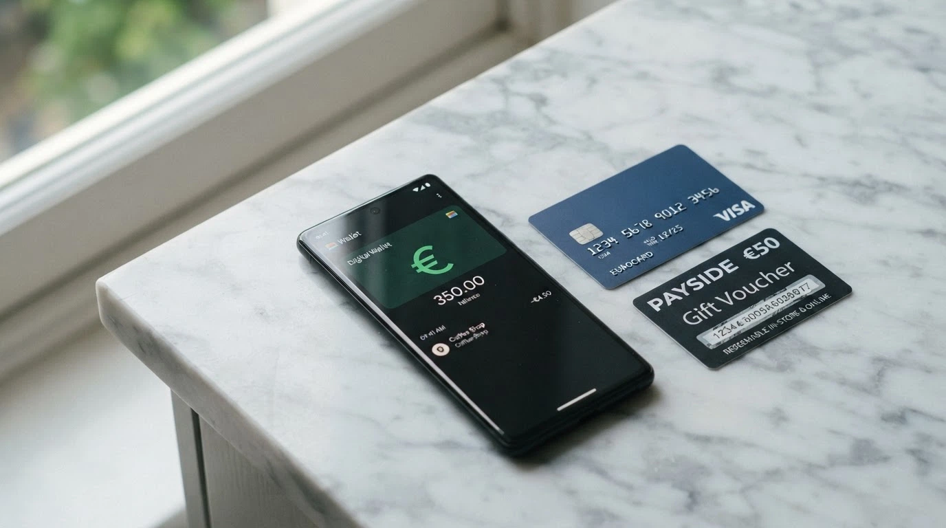 Un portafoglio digitale affiancato da carte di pagamento e un telefono con l'app di un e-wallet