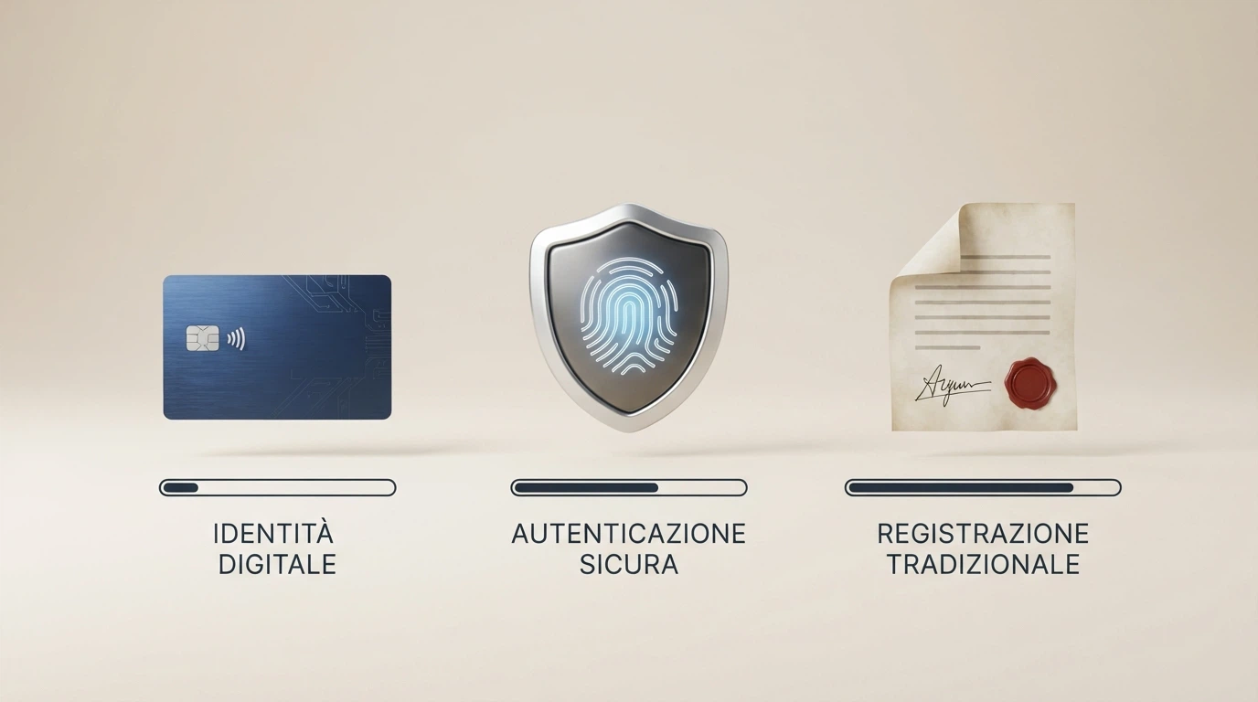 Tre icone affiancate che rappresentano CIE, SPID e documento d'identità cartaceo, con i tempi di registrazione sotto ciascuna