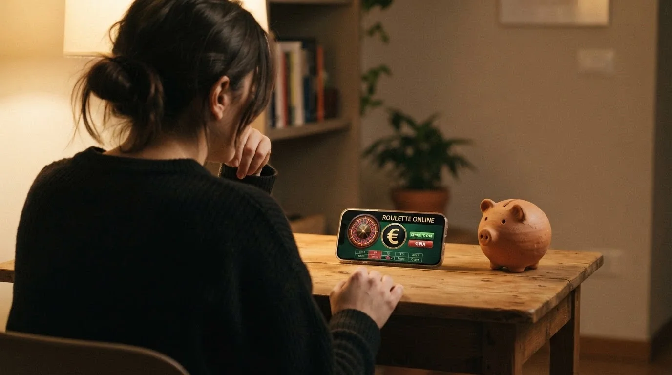 Giocatore che osserva lo schermo dello smartphone con espressione riflessiva, un salvadanaio in secondo piano