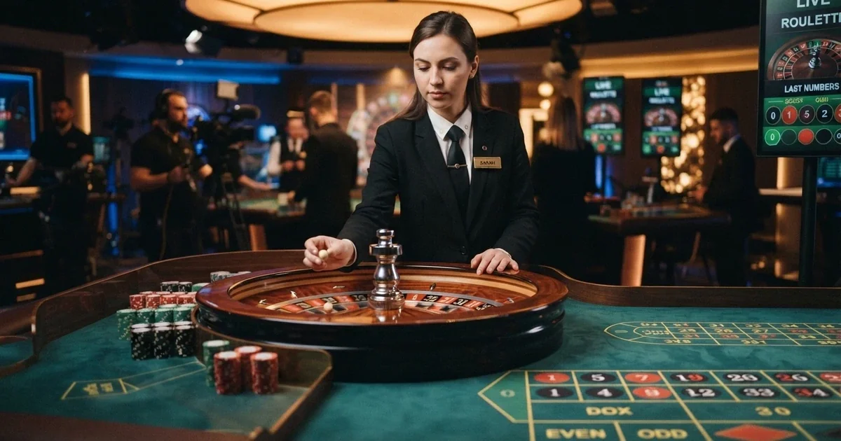 Un tavolo da roulette live con croupier in uno studio professionale, ripreso da più angolazioni