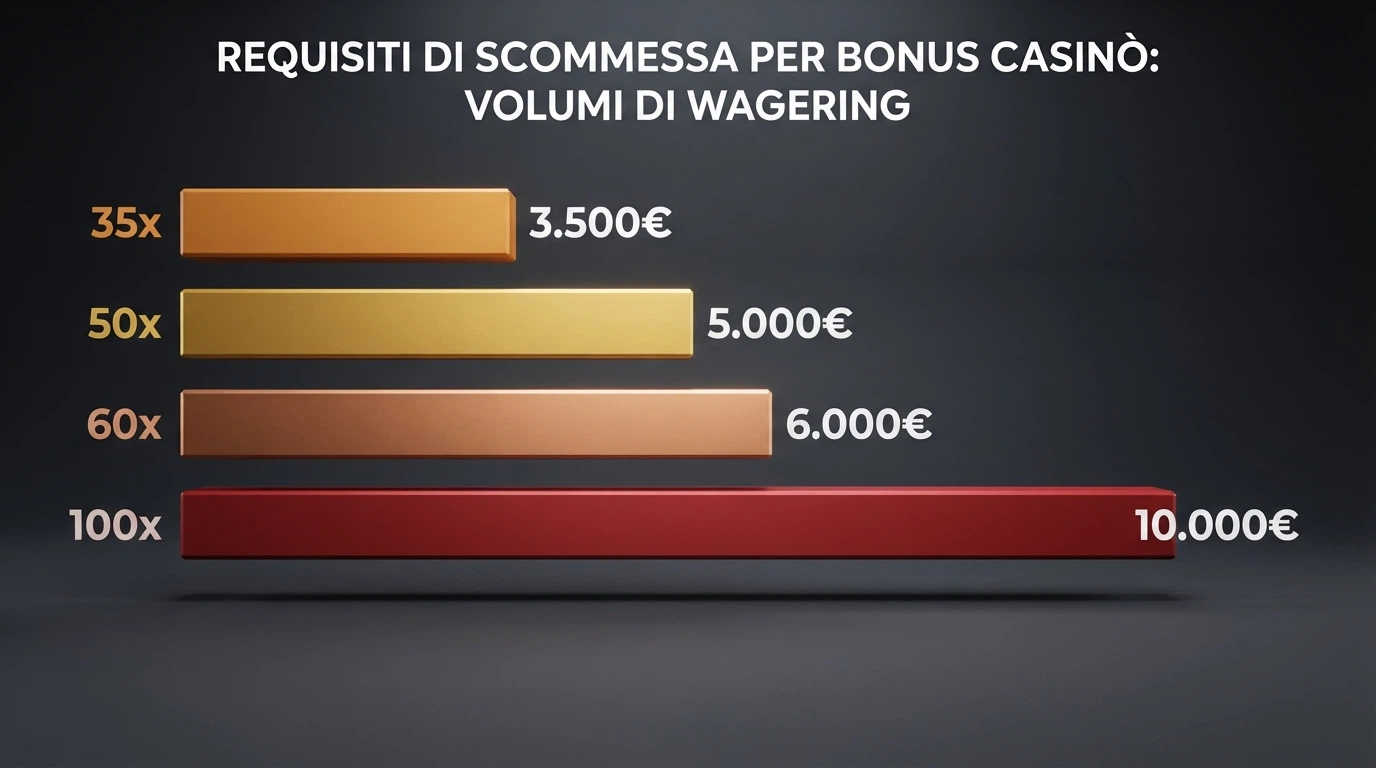 Una barra orizzontale comparativa con quattro tacche — 35x, 50x, 60x, 100x — ciascuna collegata al volume di gioco corrispondente (3.500€, 5.000€, 6.000€, 10.000€)