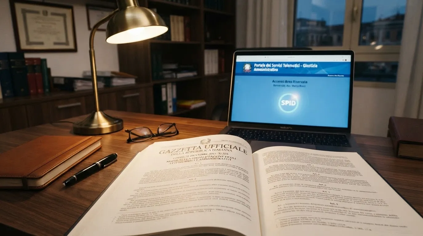 Il testo del D.Lgs. 41/2024 aperto sulla scrivania di un ufficio legale, con il logo ADM visibile sullo schermo di un computer alle spalle
