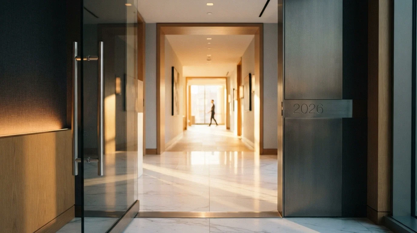 Una porta moderna che si apre su un pavimento con il logo ADM, con la data 2026 incisa sul battente