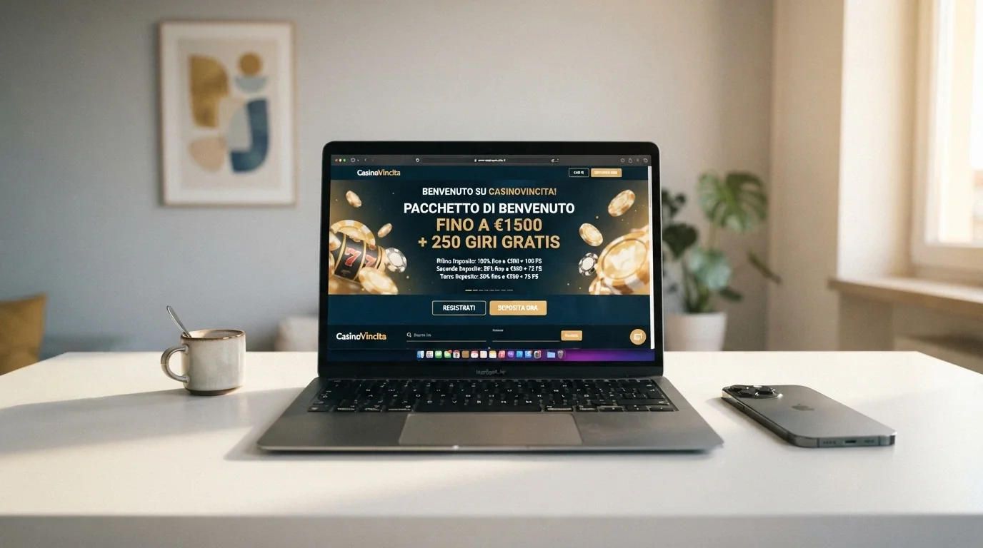 L'interfaccia di benvenuto di un casinò online di nuova concessione ADM, con il messaggio di primo accesso e il pacchetto promozionale multi-deposito in evidenza