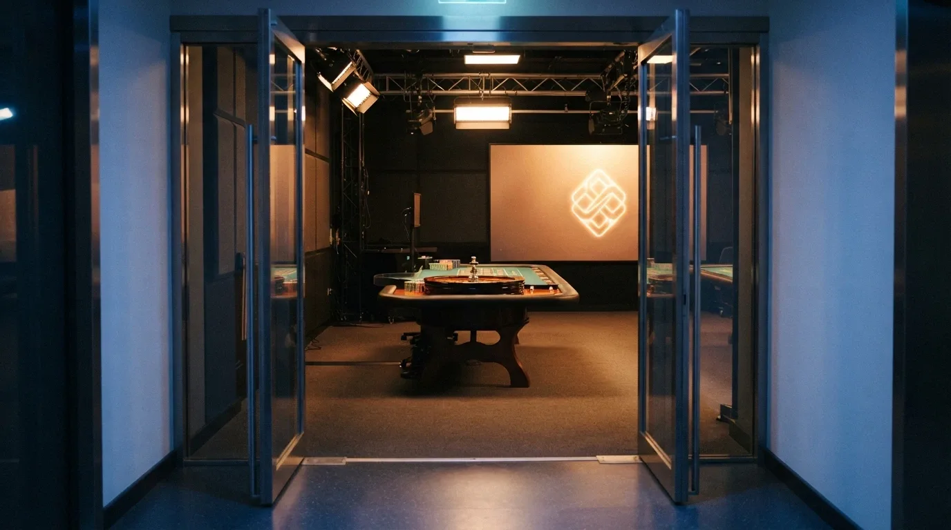 Ingresso di uno studio live moderno con illuminazione calda, logo nuovo operatore su schermo LED e tavolo vuoto pronto