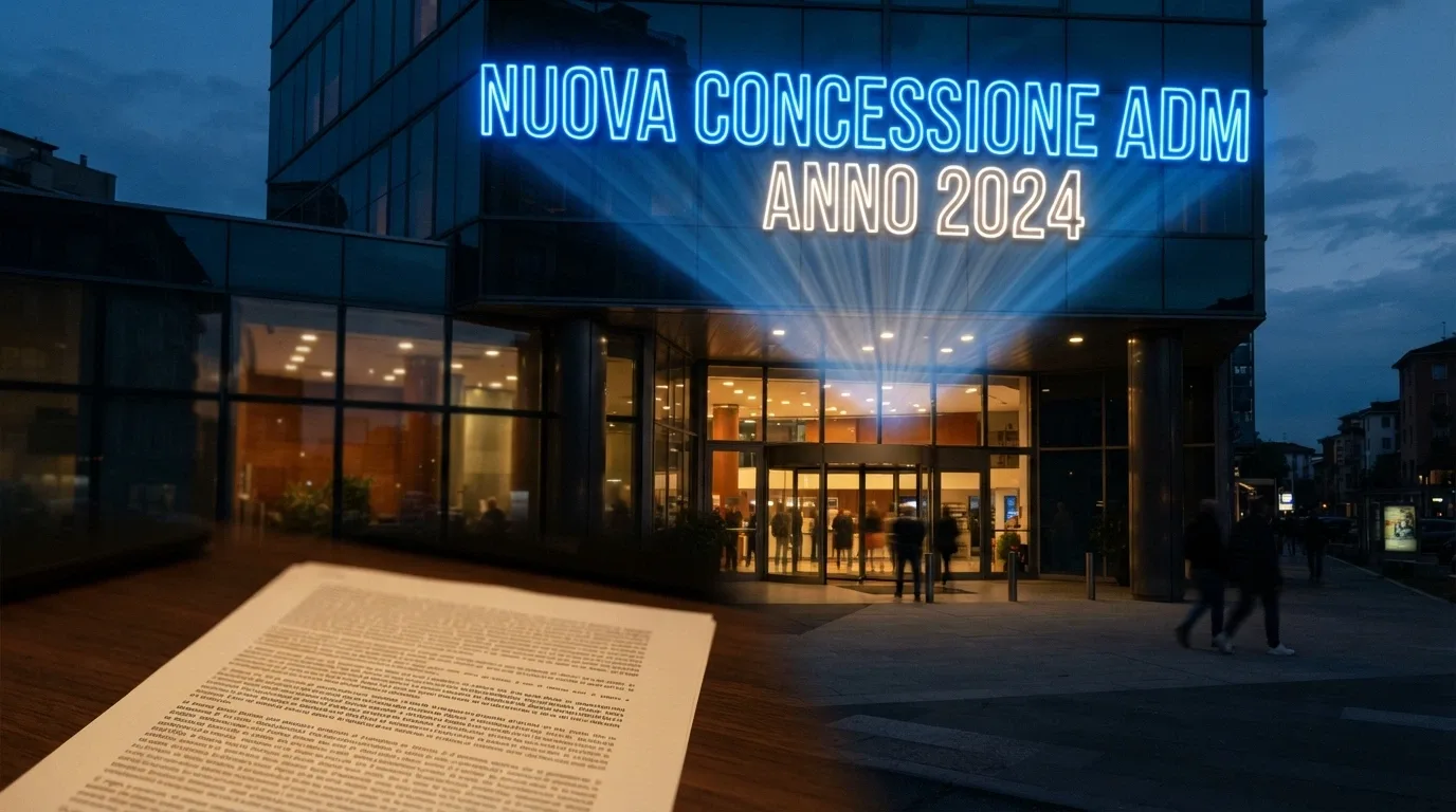 L'insegna luminosa di un casinò online nuovo, con la scritta «Nuova concessione ADM 2026» e un effetto di luce che attira l'attenzione — ma sullo sfondo, in trasparenza, i termini e condizioni in piccolo.