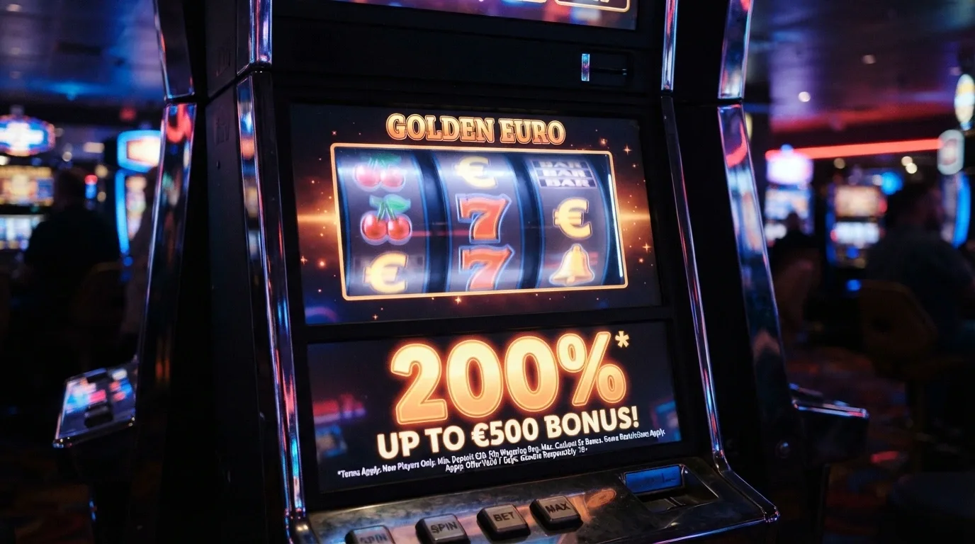 Un primo piano di una slot machine con il simbolo DOGE e un cartellino «Bonus 200%» con un asterisco in piccolo