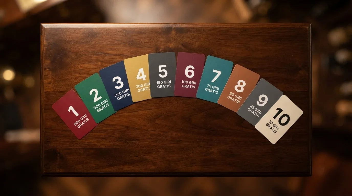 Una vista dall'alto di un tavolo con dieci carte da gioco disposte a ventaglio, ciascuna con il logo di un diverso casinò ADM e, sotto, il numero di giri gratis offerti.
