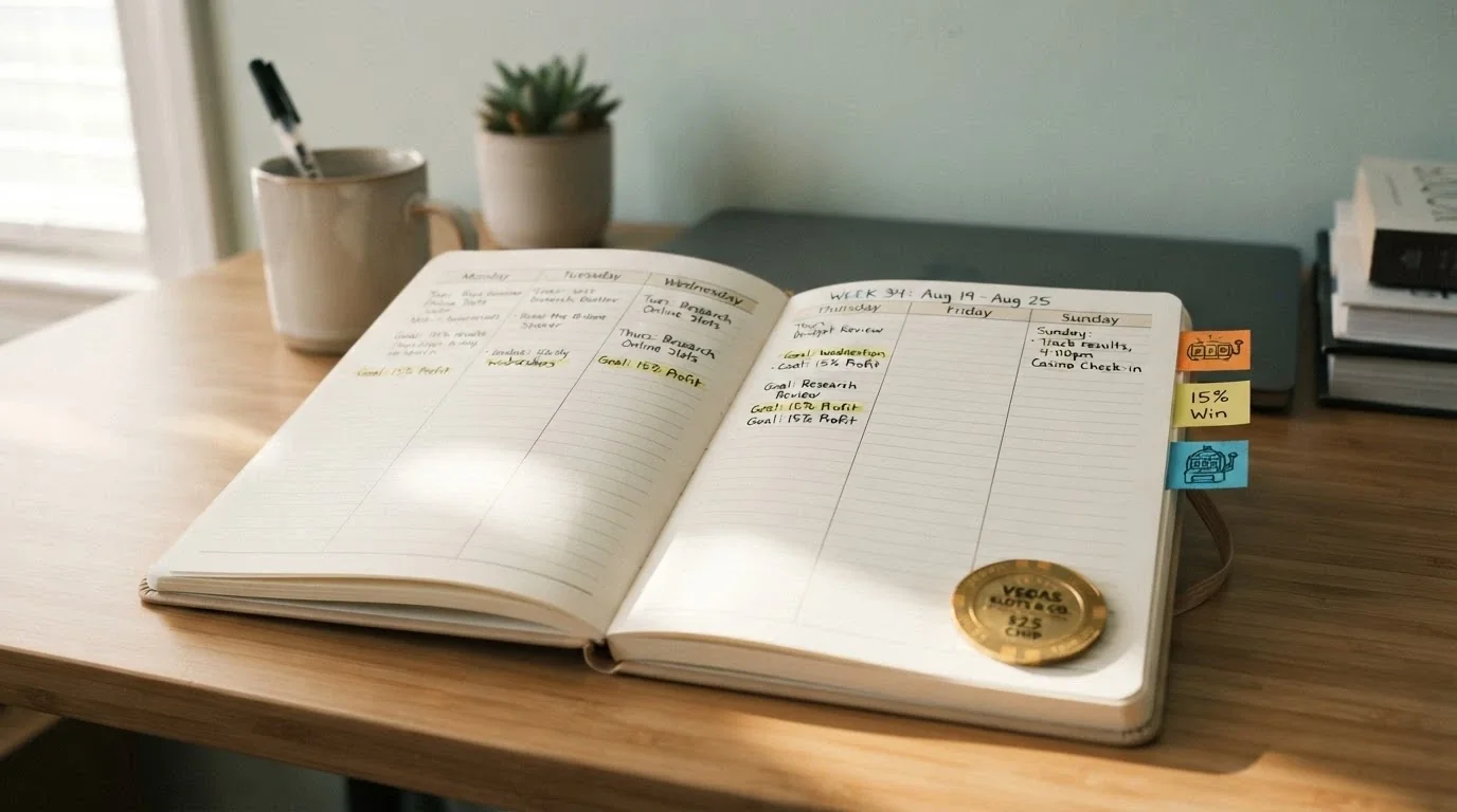 Calendario mensile con icone di giri gratis settimanali, percentuali di cashback e il logo di una slot in evidenza