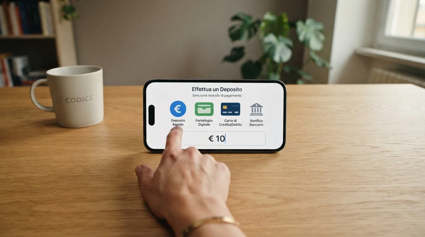 Il display di un telefono Android che mostra la schermata di deposito di un'app di casinò con le icone di PayPal, Skrill, Visa e bonifico