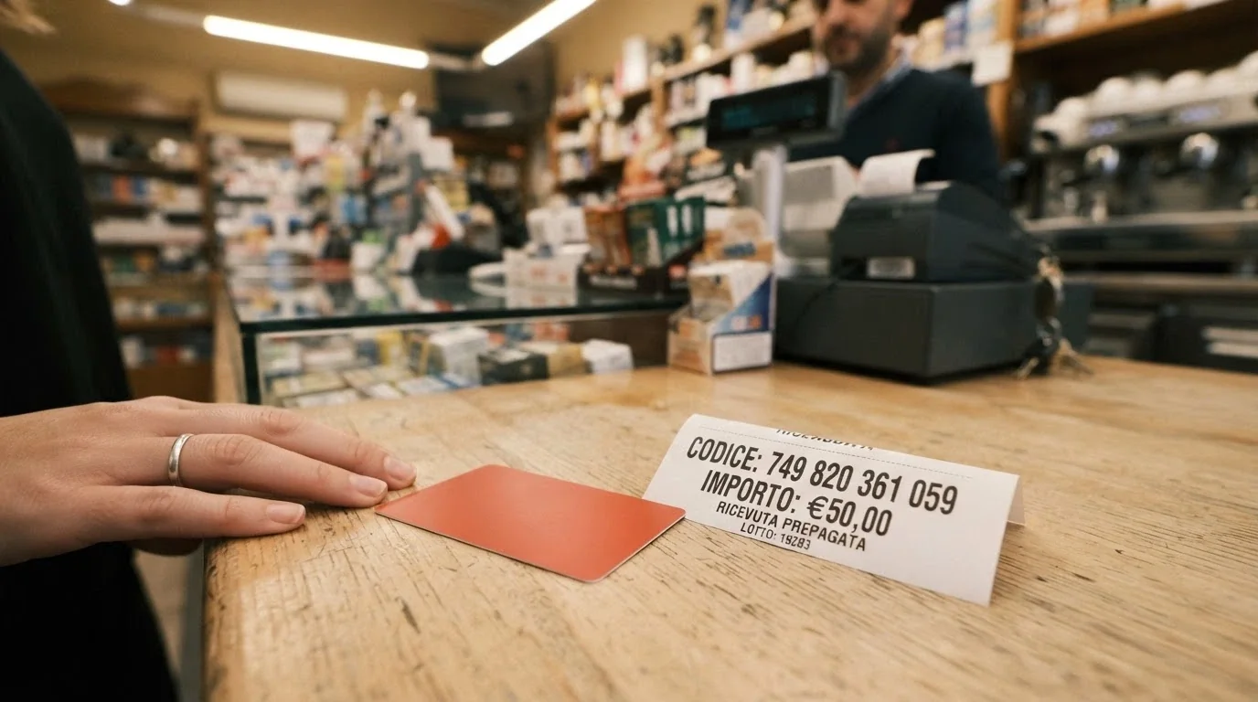 Una carta Postepay appoggiata su un tagliando Paysafecard da €50, con lo sfondo di un punto vendita Sisal