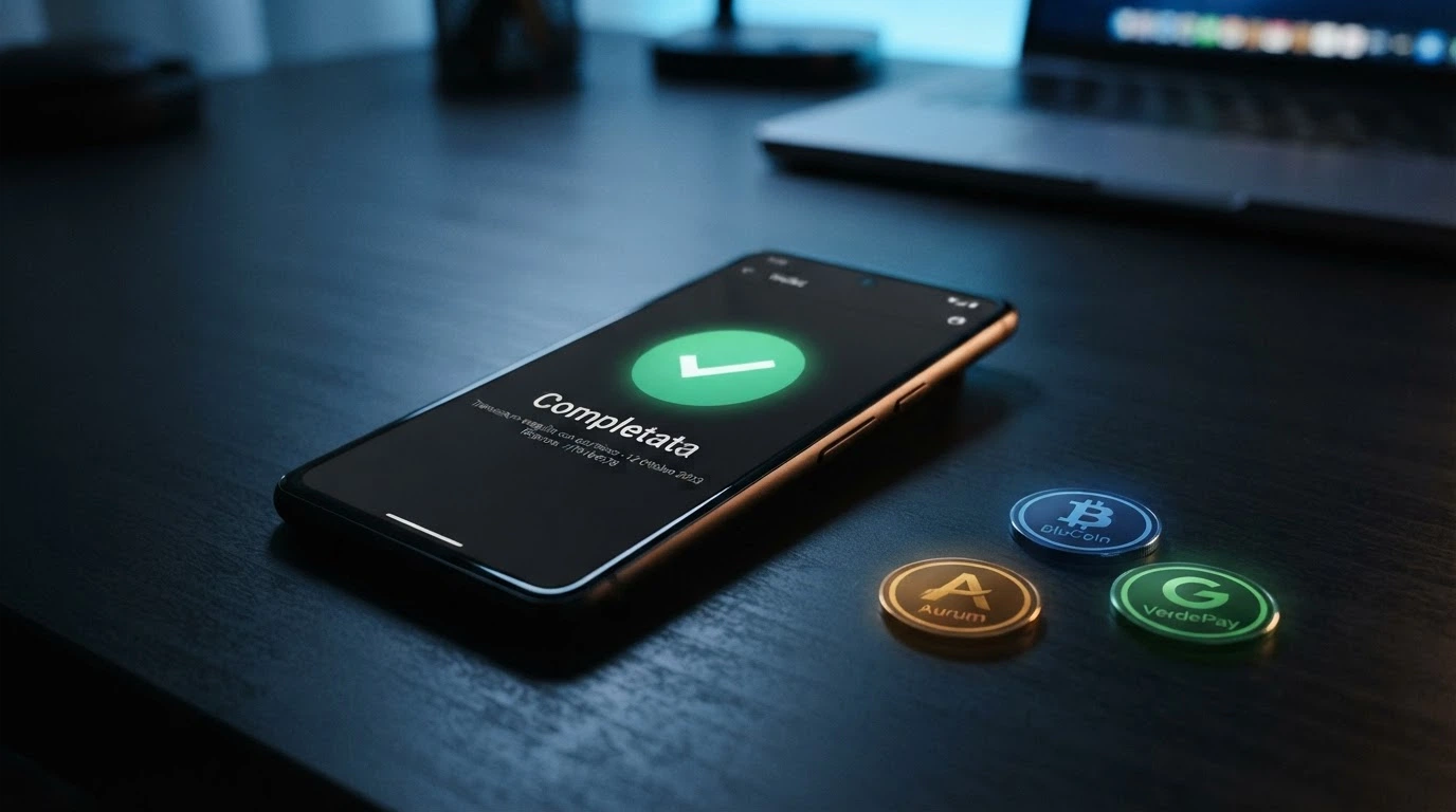 Uno smartphone che mostra un wallet crypto con una transazione «completata» verso un casinò, affiancato da icone di BTC, ETH e USDT illuminate