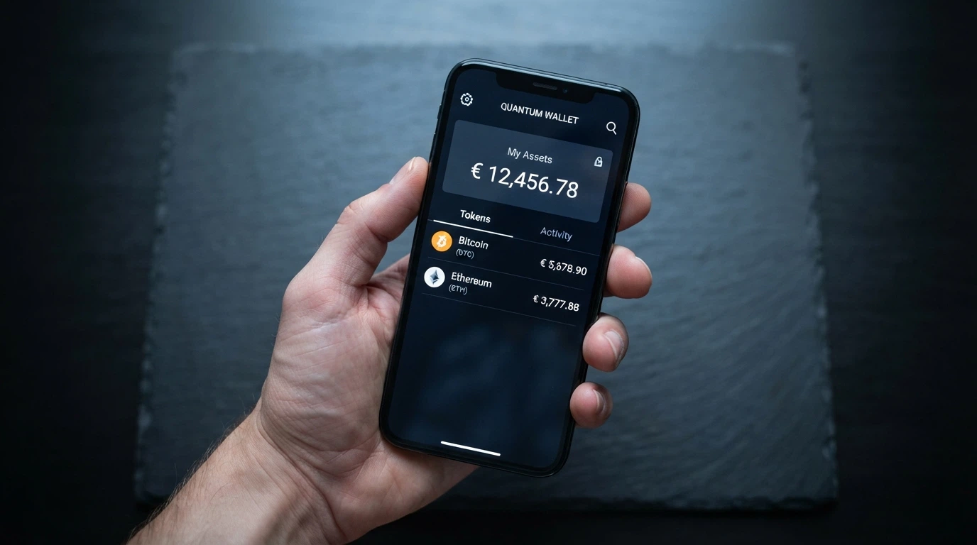 Una mano che tiene uno smartphone con un wallet crypto, sullo sfondo un lucchetto e una lente di ingrandimento