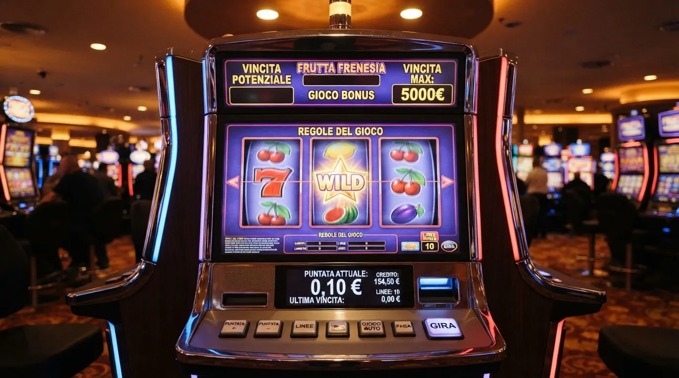 Una slot machine online con l'indicatore della puntata impostato su 0,10 € — il minimo regolamentare per un giro