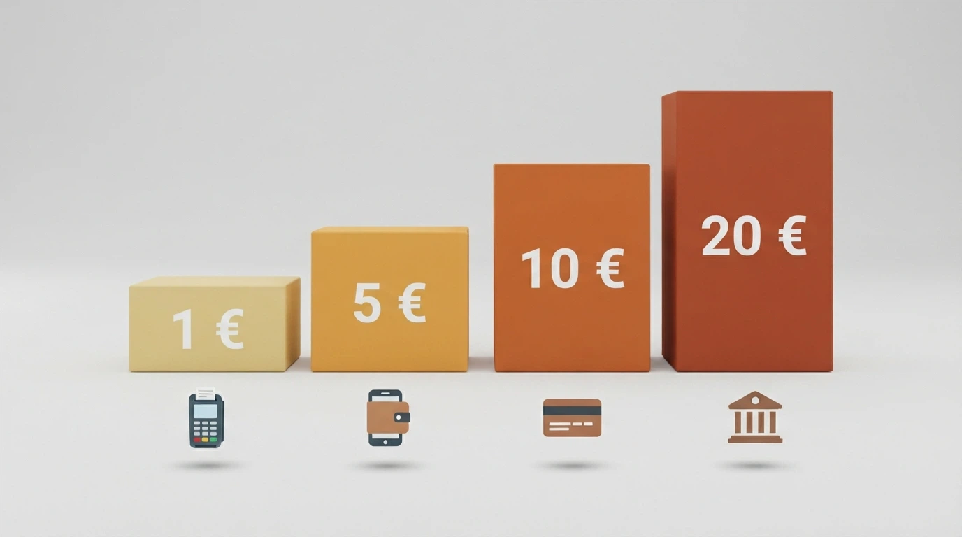 Quattro cifre disposte in scala crescente — 1 €, 5 €, 10 € e 20 € — ciascuna accompagnata dall'icona del metodo di pagamento che la supporta