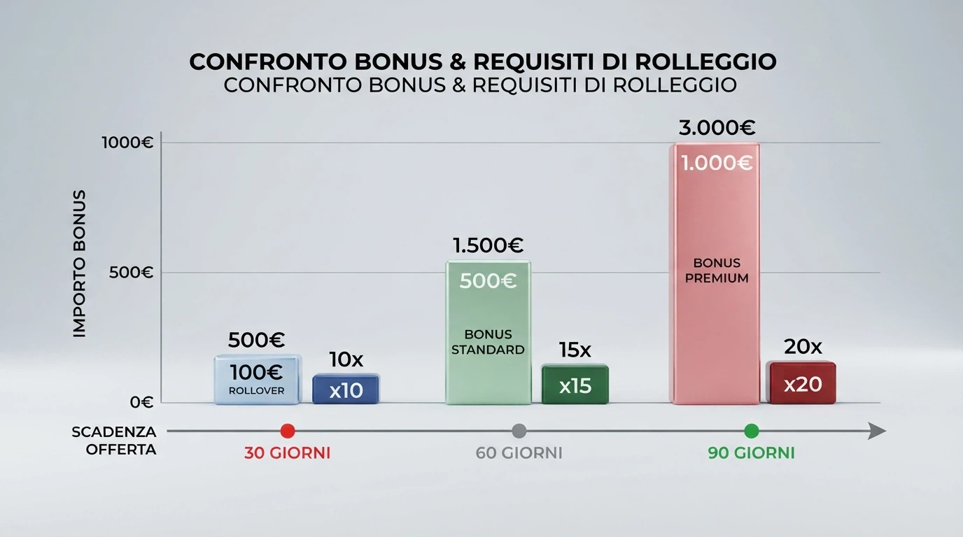 Grafico o schema che mostra come il tempo e il rollover riducono il valore reale di tre bonus con importi nominali diversi