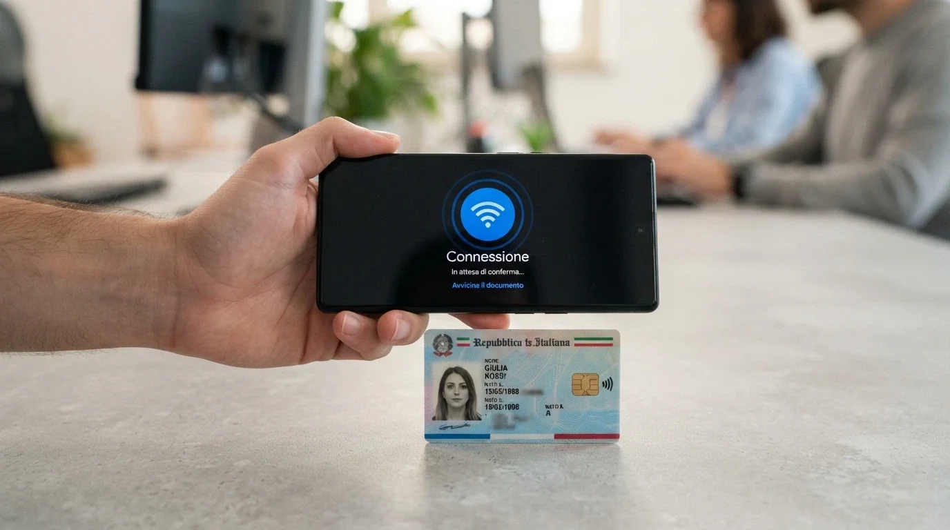 Uno smartphone avvicinato alla CIE fisica per la lettura NFC, con l'app CieID in primo piano