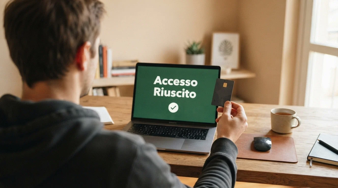 Una persona tiene in mano la Carta d'Identità Elettronica accanto allo schermo di un computer che mostra il logo SPID e la scritta «Accesso riuscito» su un sito di casinò ADM
