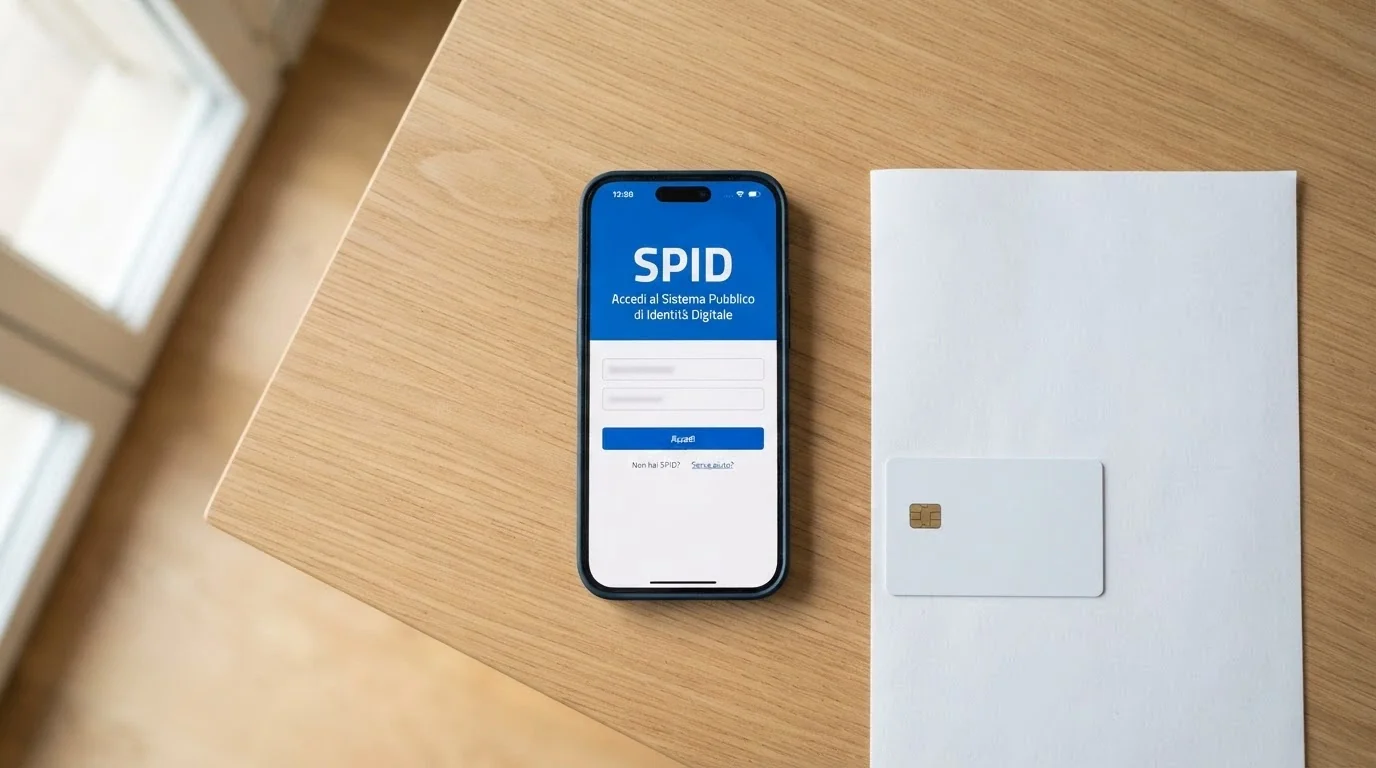Uno smartphone che mostra la schermata di login SPID accanto a un documento d'identità e una carta d'identità elettronica su un tavolo