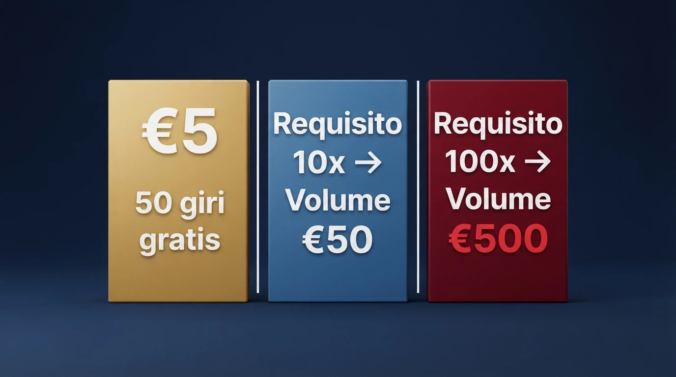 Un'infografica che mette a confronto tre colonne: «50 giri gratis» con l'etichetta «Valore nominale €5», affiancata da «Requisito 10x → Volume €50» e «Requisito 100x → Volume €500», con la cifra finale evidenziata in rosso.