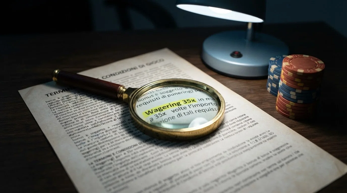 Una lente di ingrandimento posata su un contratto con la scritta «Wagering 35x» evidenziata in giallo, accanto a una pila di fiches