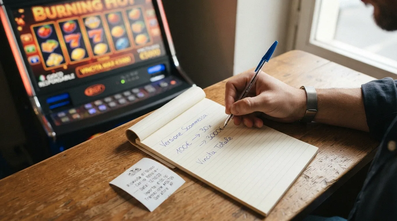 Un primo piano di una calcolatrice accanto a un blocco note su cui sono scritti i numeri 100, 30x e 300€, con una slot machine sullo sfondo sfocato