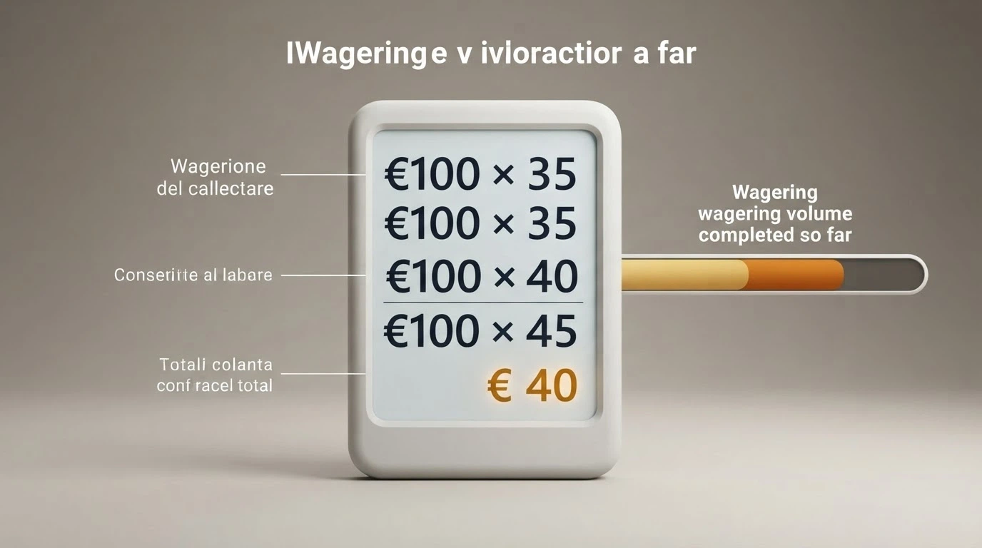 Una calcolatrice stilizzata con un display che mostra moltiplicazioni progressive: importo bonus × 35, × 40, × 45, con il totale in evidenza e una barra di avanzamento parzialmente riempita