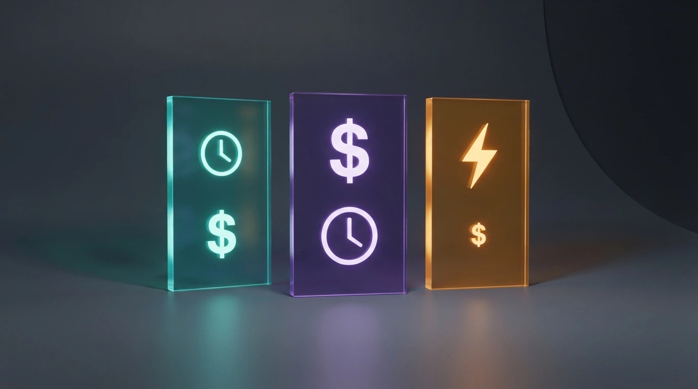 Tre frecce colorate etichettate TRC20, ERC20 e BEP20 con tempi e costi a confronto