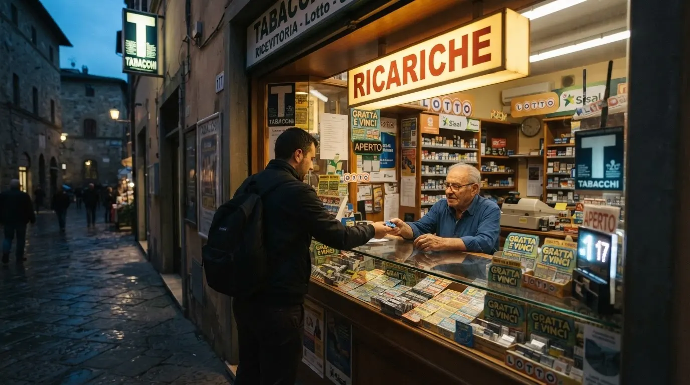 L'insegna di un punto vendita SisalPay con un cliente che effettua una ricarica al bancone