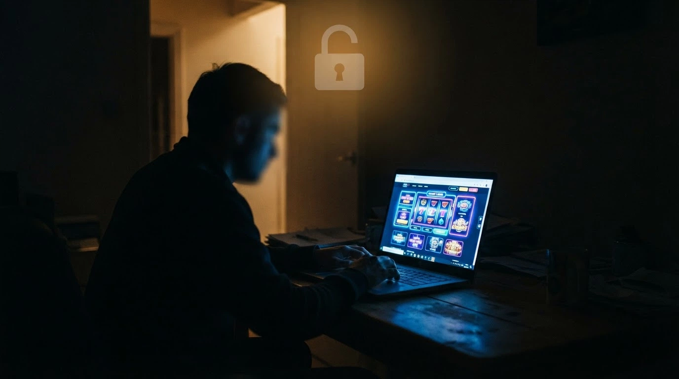 La sagoma di un giocatore davanti allo schermo, con un lucchetto aperto in sovrimpressione su un'interfaccia di casinò non riconoscibile