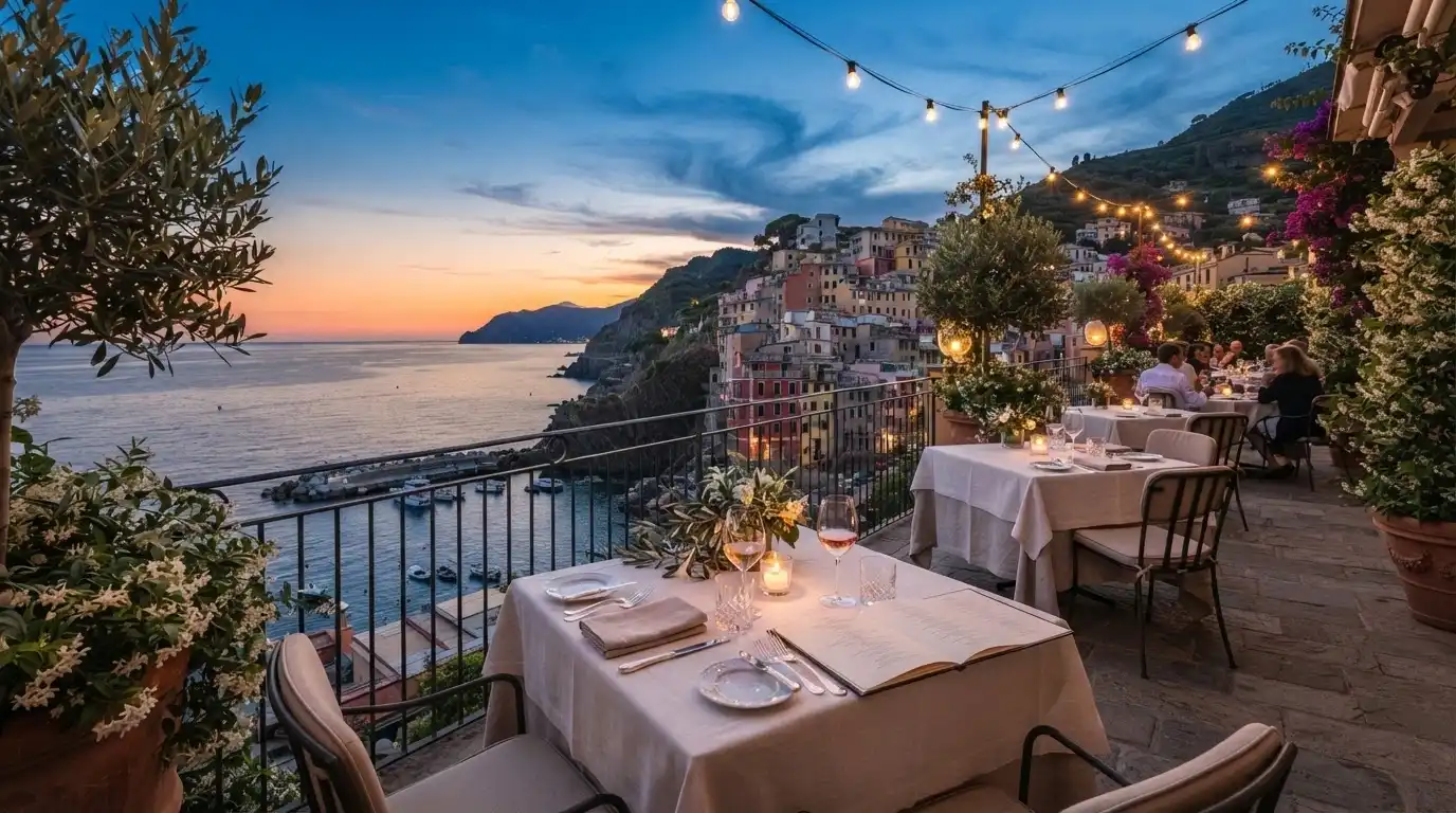 La terrazza del roof garden del Casinò di Sanremo con tavoli apparecchiati e vista sulla città al tramonto