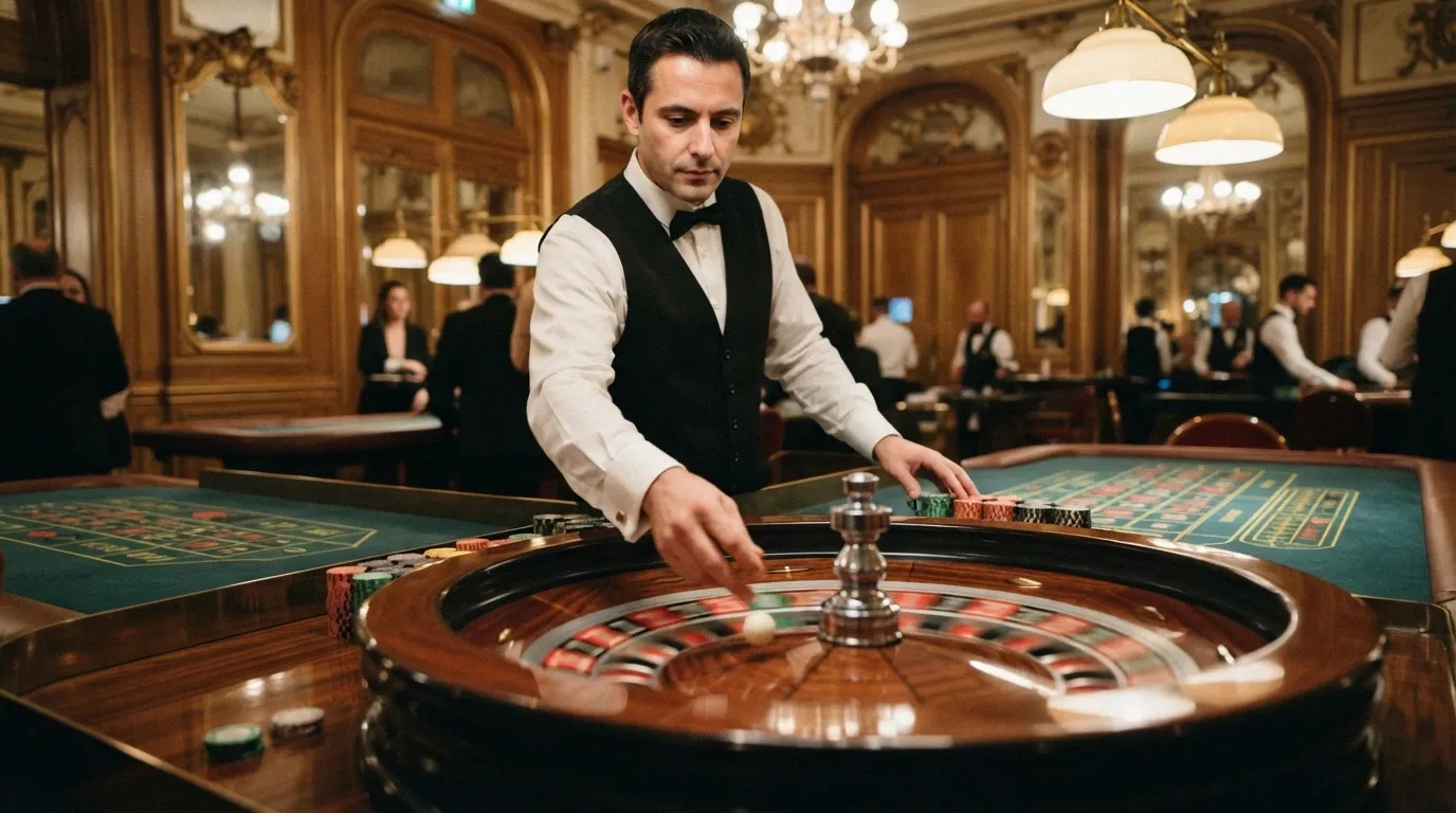 Un croupier in divisa al tavolo della roulette live del Casinò di Sanremo, inquadrato mentre fa girare la pallina sul cilindro
