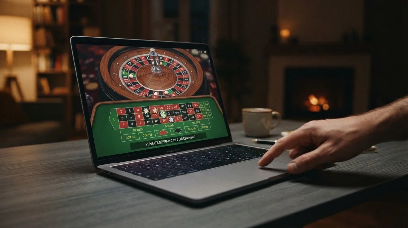 Tavolo di roulette europea su piattaforma di casinò online con puntata minima di 10 centesimi evidenziata sullo schermo