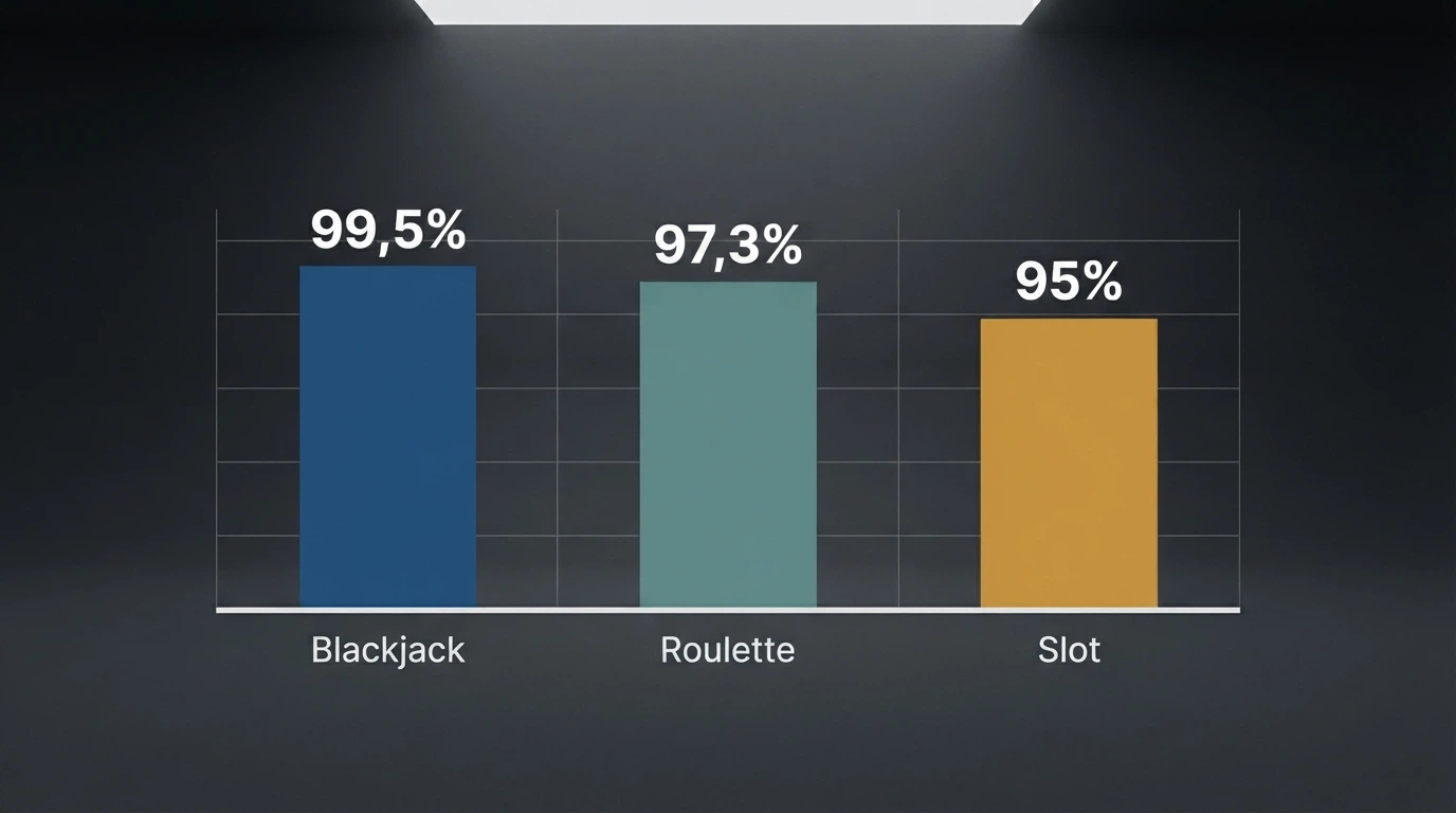 Una calcolatrice accanto a un grafico a barre che mette a confronto le percentuali RTP di slot, blackjack e roulette, su sfondo pulito da lavagna