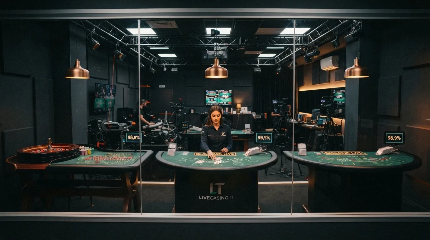 Tre tavoli da casinò live affiancati — roulette, blackjack e baccarat — ciascuno con la propria percentuale RTP sovrimpressa in grande, in un ambiente da studio professionale