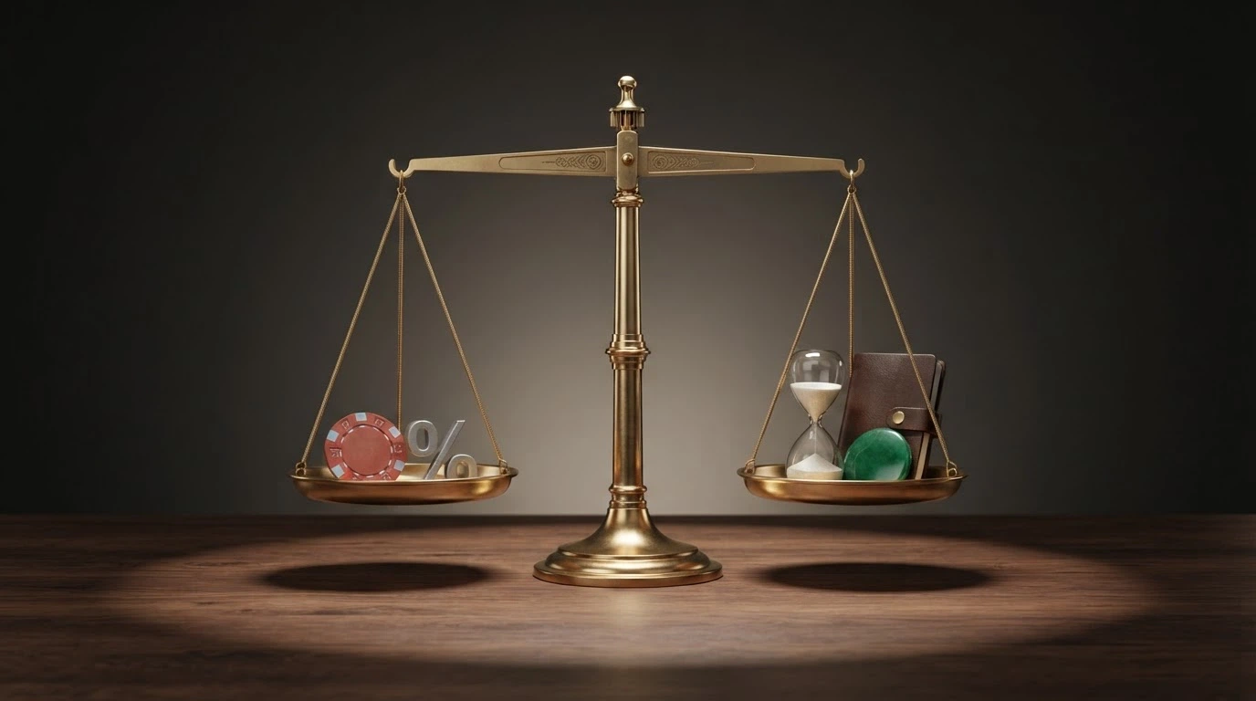 Una bilancia che pesa diversi elementi: percentuale di cashback, requisiti di puntata, tipo bonus, frequenza — in equilibrio su un tavolo da gioco