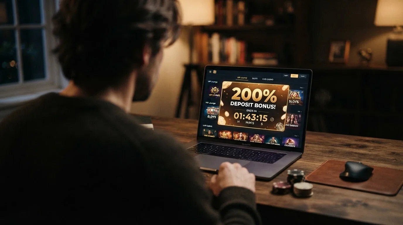 Pagina promozionale di un casinò online con l'offerta di bonus di benvenuto in evidenza e i termini in caratteri piccoli